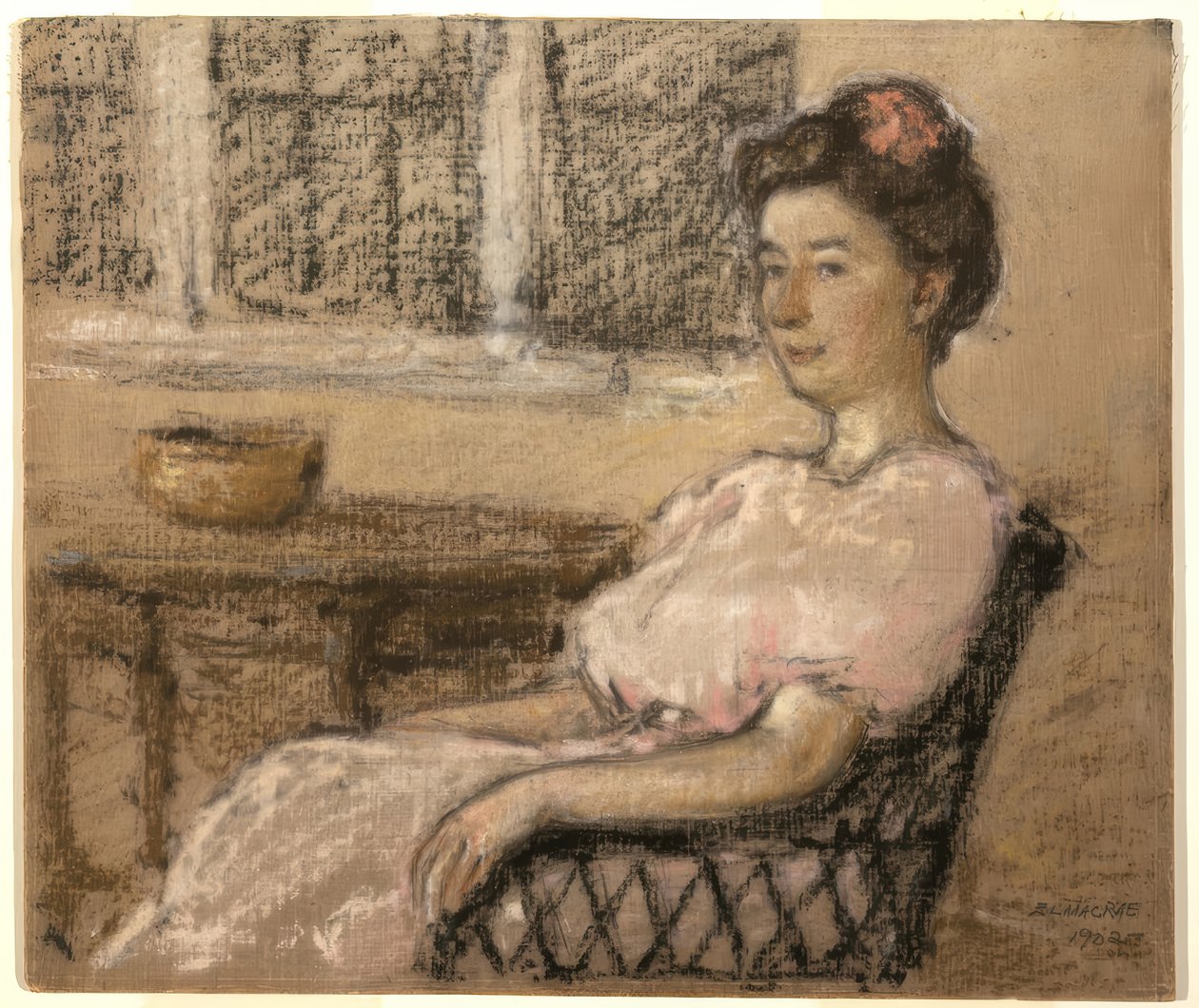 Kvinna sittande i rosa av Elmer Livingston MacRae