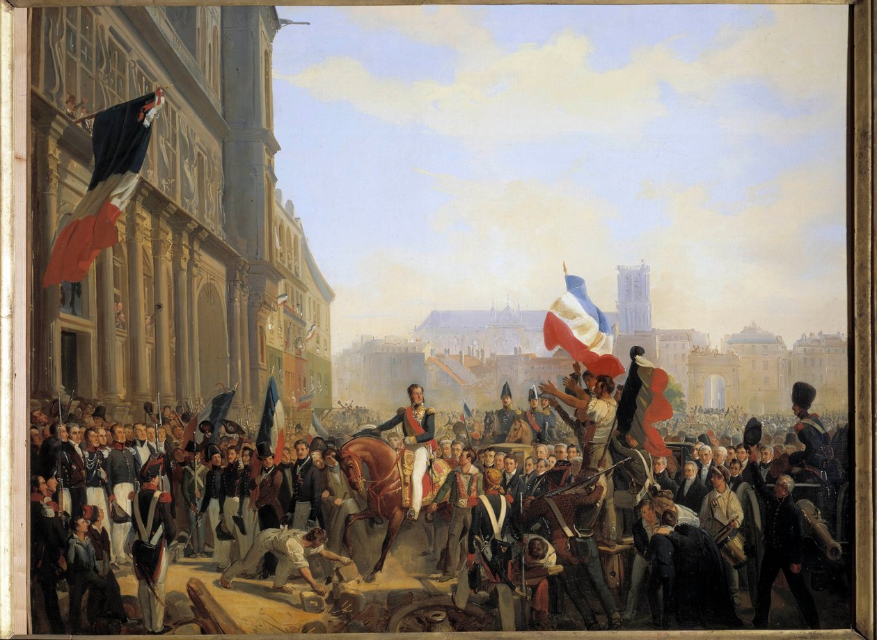 Julirevolutionen 1830: Louis Philippe, hertig av Orleans (som blev kung av Frankrike Louis Philippe 1er) (1773-1850), kungarikets generallöjtnant anlände till stadshuset i Paris den 31 juli av Eloi Firmin Feron