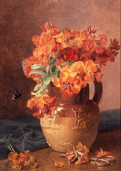 Ett stilleben med väggblommor i en stengodskanna av Eloise Harriet Stannard