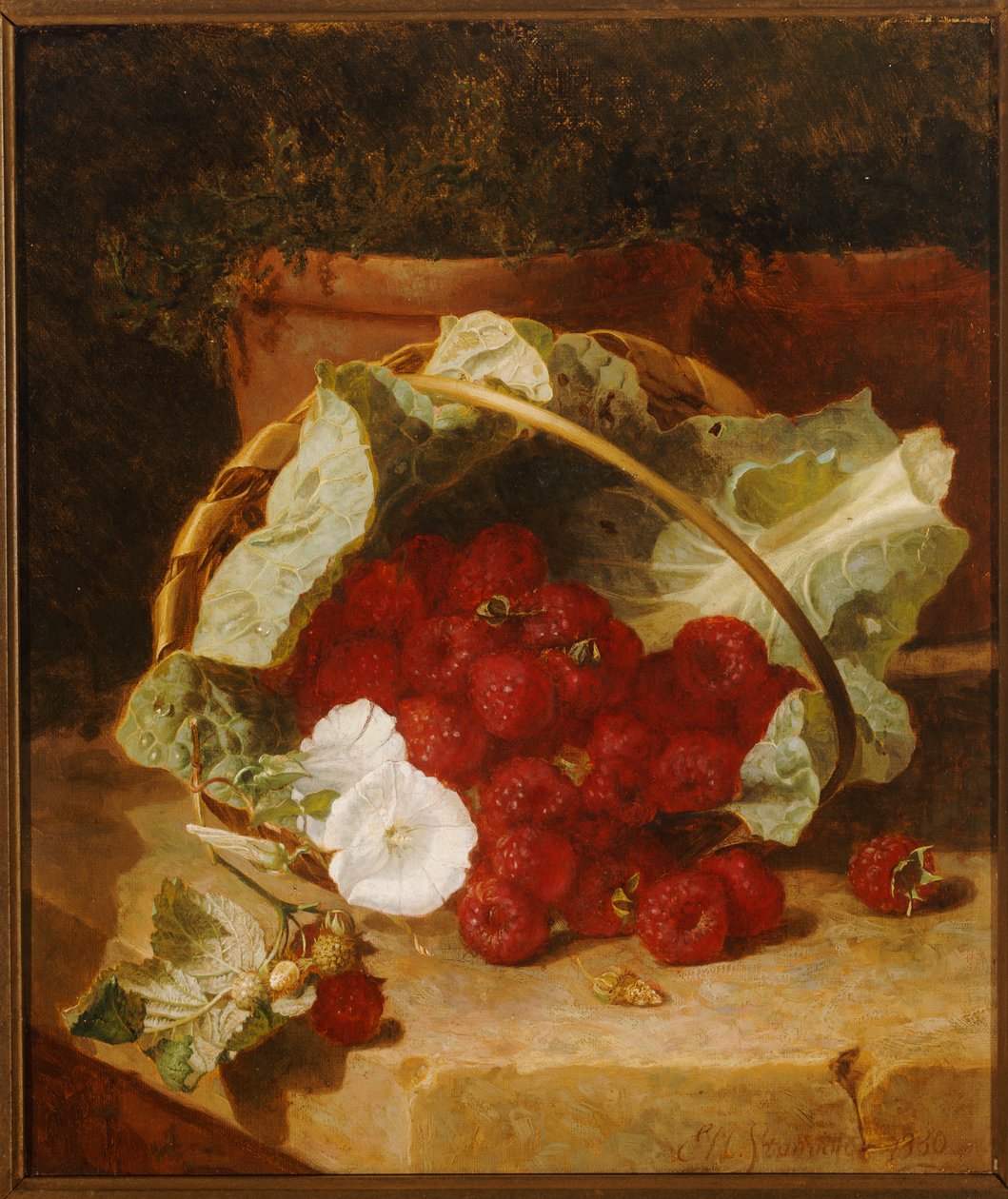 Hallon i en kålbladsfodrad korg med vit konvulvulus på en stenavsats, 1880 av Eloise Harriet Stannard