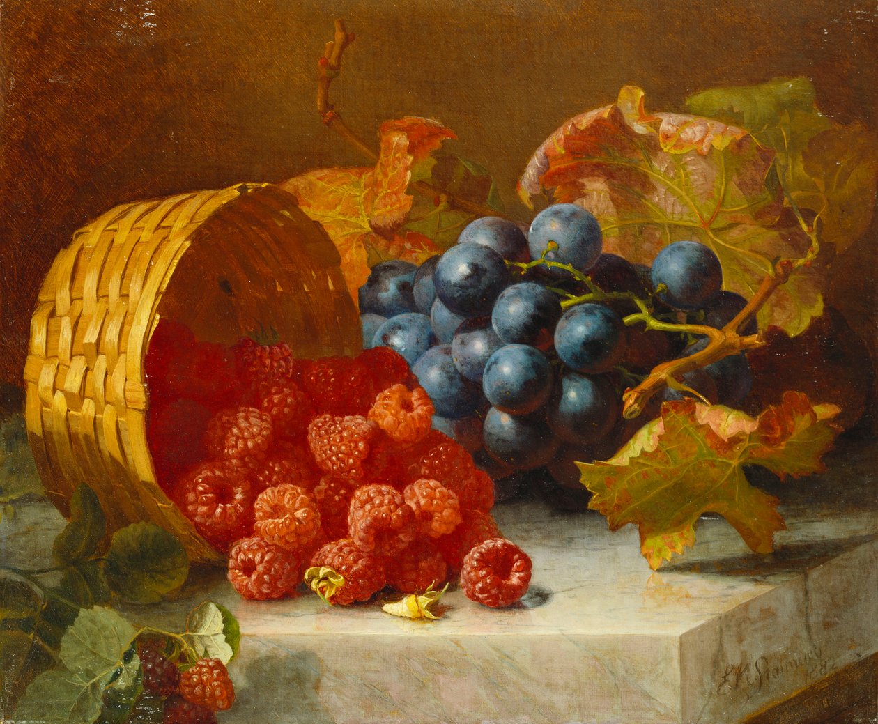 Stilleben med hallon och en klase vindruvor på en marmoravsats, 1882 av Eloise Harriet Stannard