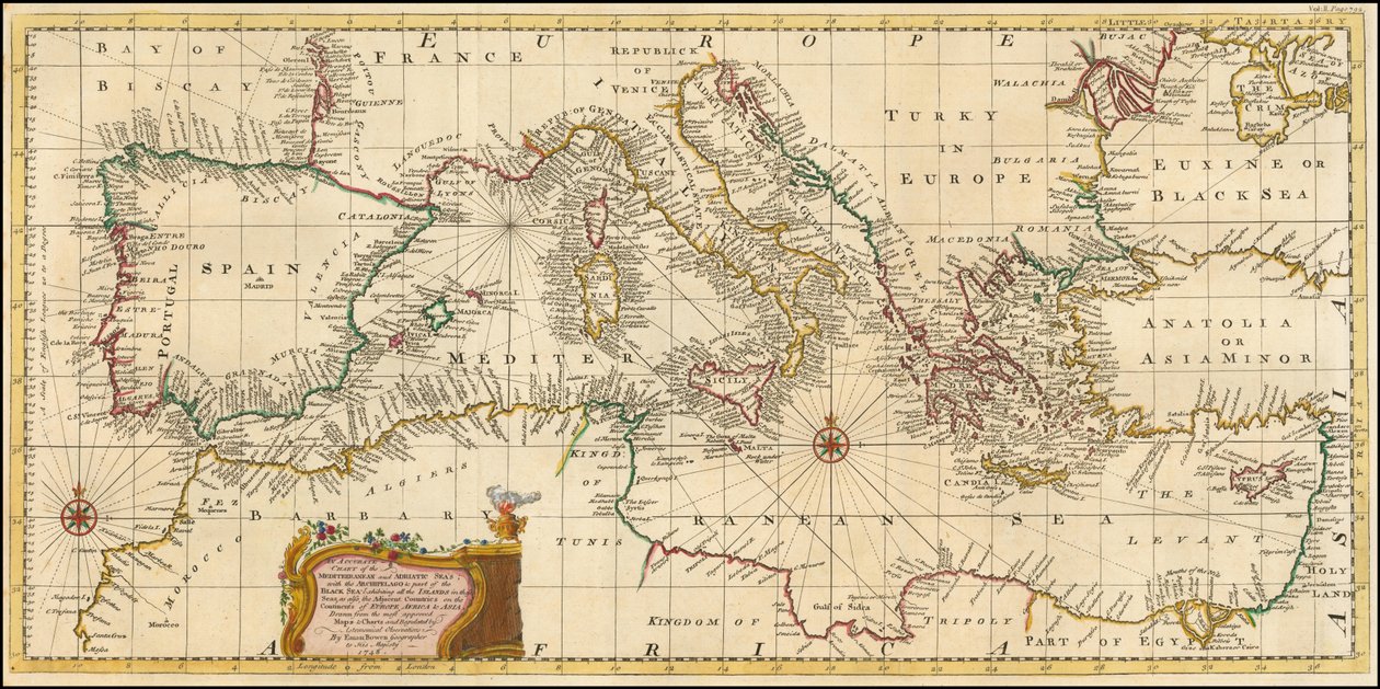 1748 års karta - Ett exakt sjökort över Medelhavet och Adriatiska havet; med skärgården och en del av Svarta havet av Emanuel Bowen