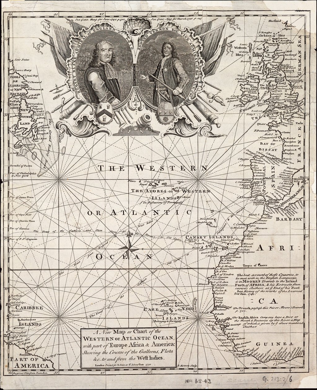 En ny karta eller ett nytt sjökort över västra oceanen eller Atlanten med delar av Europa, Afrika och Amerika: som visar galärernas färd till och från Västindien av Emanuel Bowen