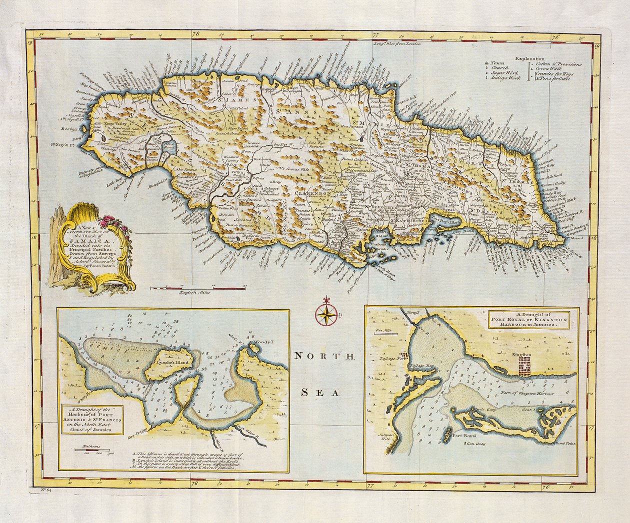 Karta över ön Jamaica, uppdelad i dess huvudförsamlingar ca 1760 (handfärgad gravyr) av Emanuel Bowen