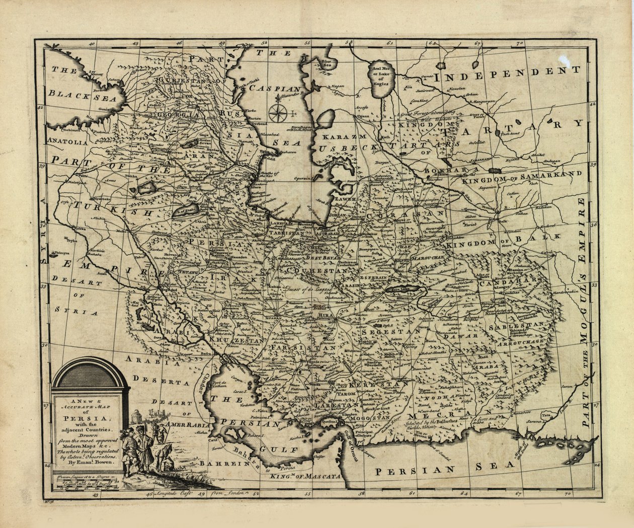 Ny och korrekt karta över Persien, med Safavid- och Mughalriket av Emanuel Bowen