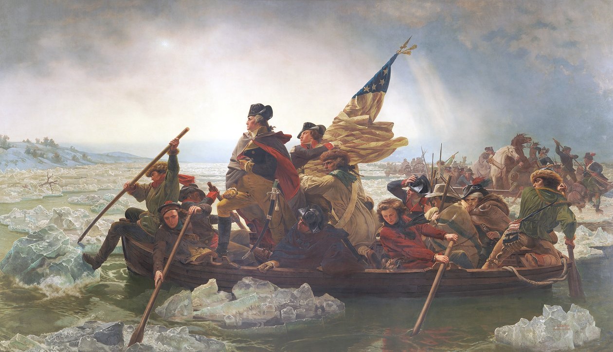 Washington korsar Delaware; julen 1776; sent 1800-tal (oleograf) av Emanuel Gottlieb after Leutze