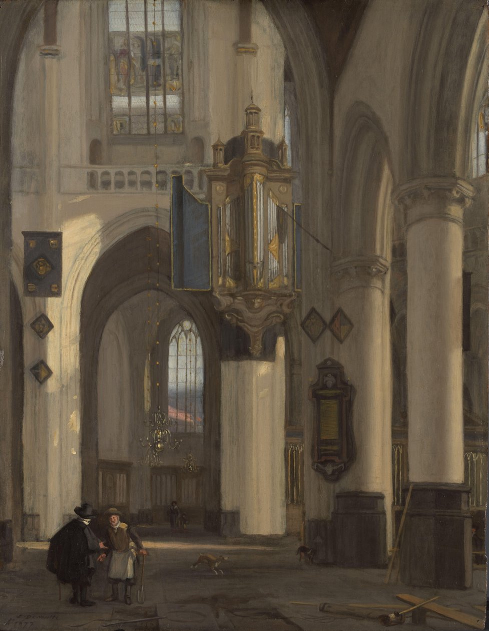 Interiör av en protestantisk gotisk kyrka med motiv från Oude och Nieuwe Kerk i Amsterdam av Emanuel de Witte