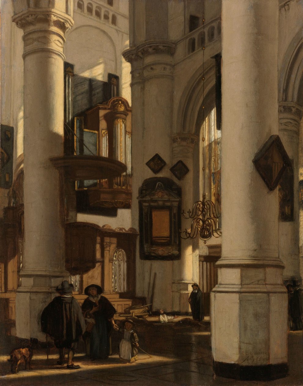 Interiör av en protestantisk, gotisk kyrka, med en gravgrävare i kören Interiör av en protestantisk gotisk kyrka med motiv från de gamla och nya kyrkorna i Amsterdam av Emanuel de Witte