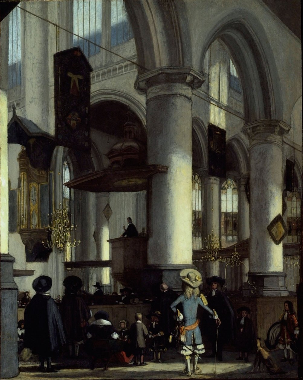 Interiör från Oude Kerk, Delft, ca 1680 (olja på pannå) av Emanuel de Witte