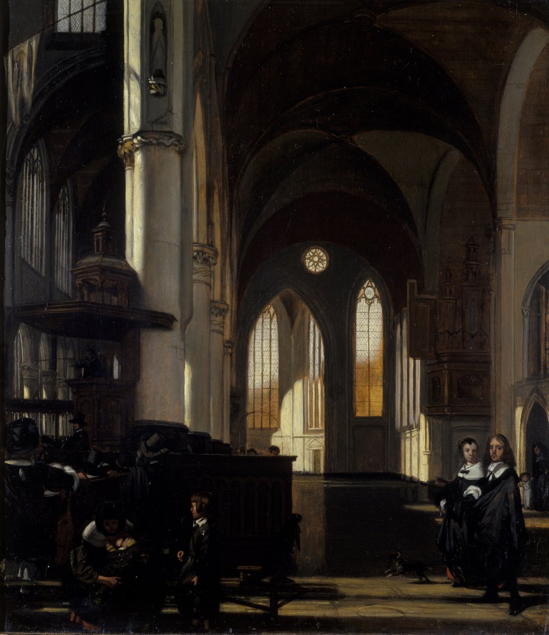 Interiören av en gotisk kyrka, ca 1650 (olja på ek) av Emanuel de Witte