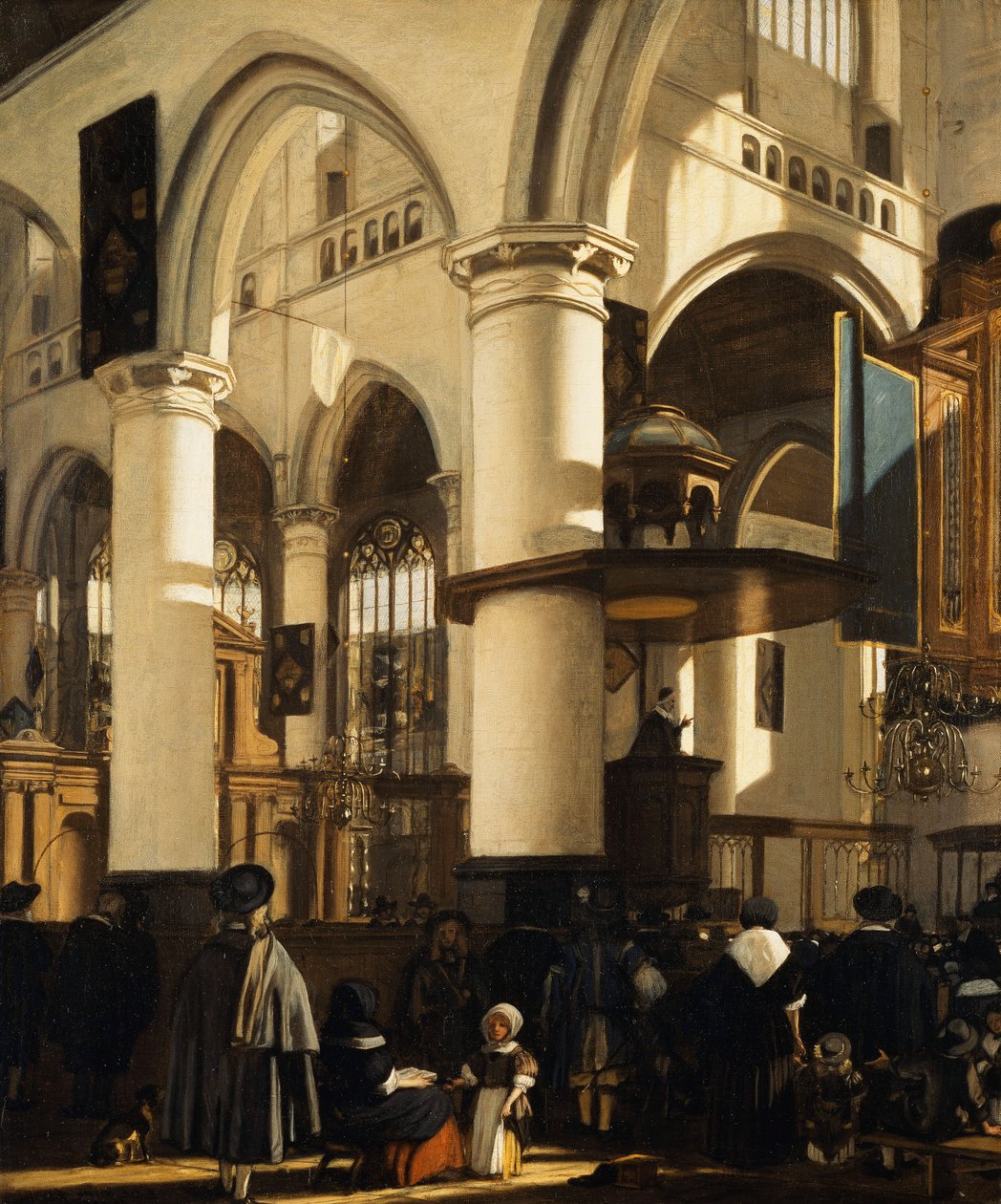Gamla kyrkan, Delft, med kyrkobesökare som lyssnar på en predikan, 1669 av Emanuel de Witte