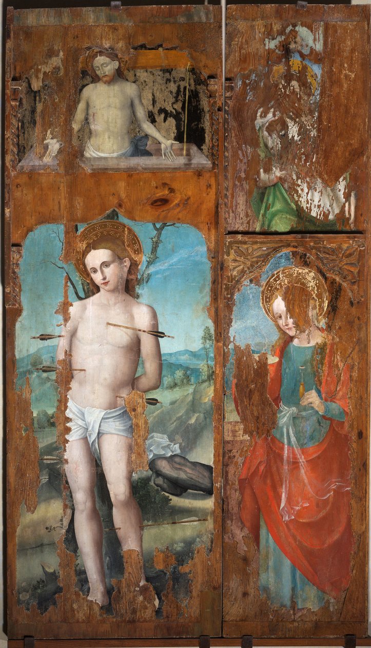 Sankt Sebastian, Sankt Lucia, Kristus som reser sig med passionens symboler, andra hälften av 1500-talet (olja på pannå) av Emanuele Macario
