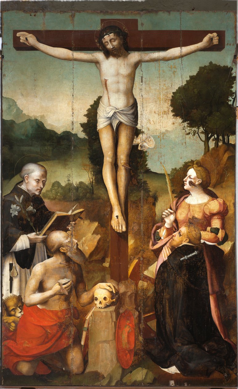 Kristi korsfästelse med den helige Dominikus, den helige Hieronymus, den heliga Katarina av Alexandria och den helige Petrus martyren av Emanuele & Pancalino Cristoforo (Raffaello de Rossi) (fl.1525 1578) Macario