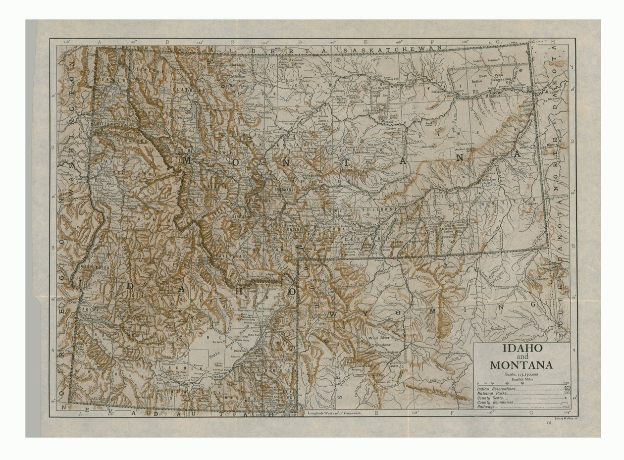 Karta över Idaho och Montana, USA, c1910-talet. av Emery Walker