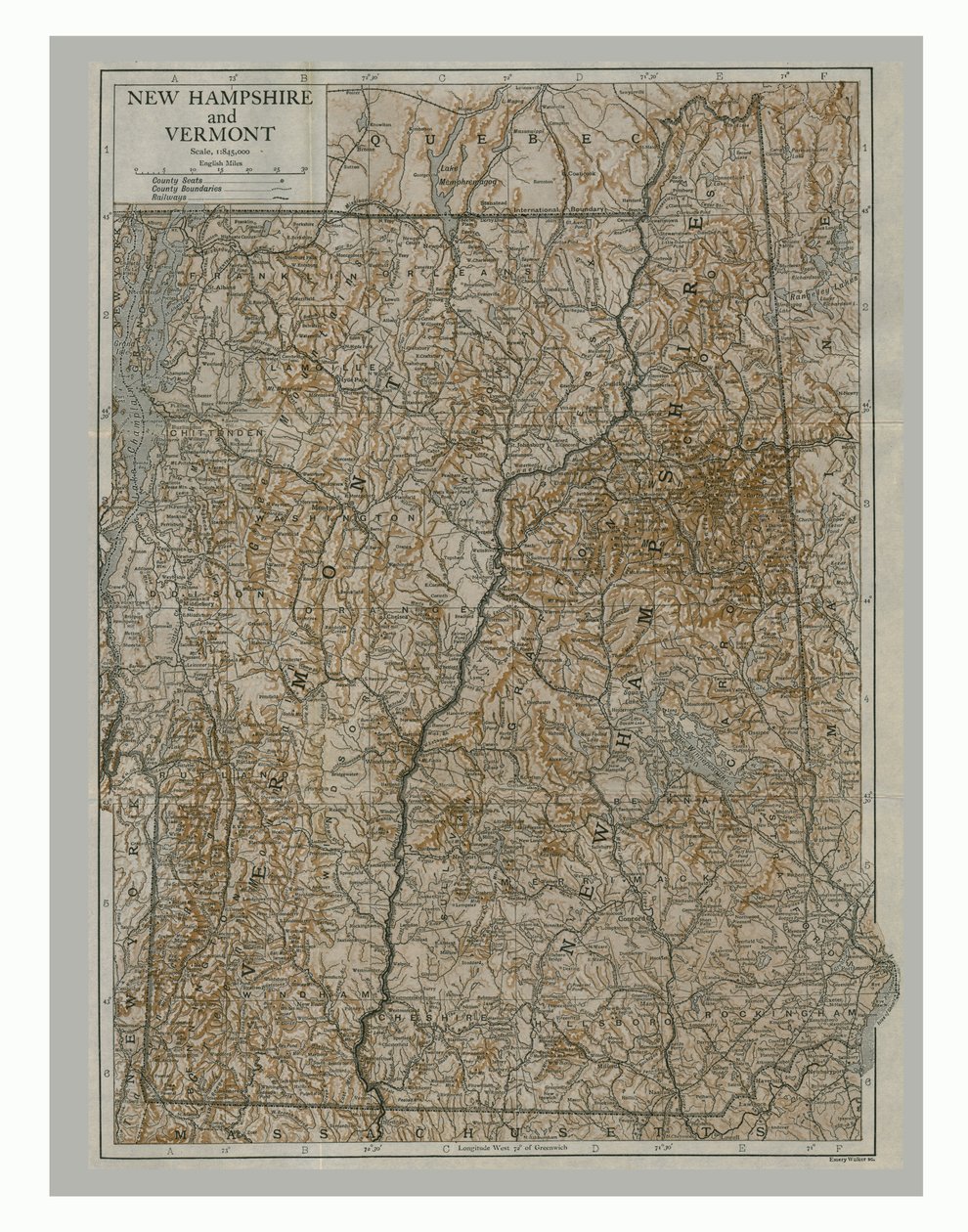 Karta över New Hampshire och Vermont, USA, c1900-talet. av Emery Walker