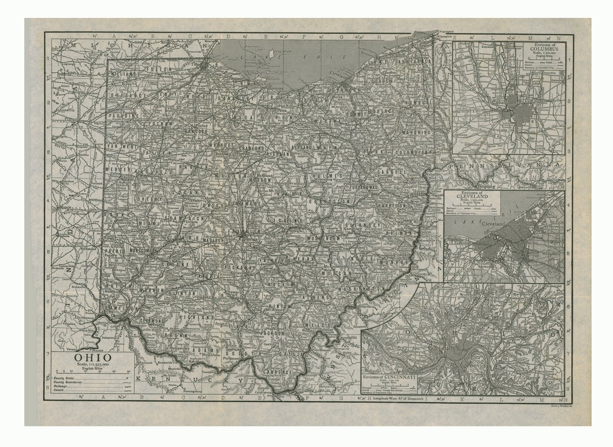 Karta över Ohio, USA, c1910-talet. av Emery Walker