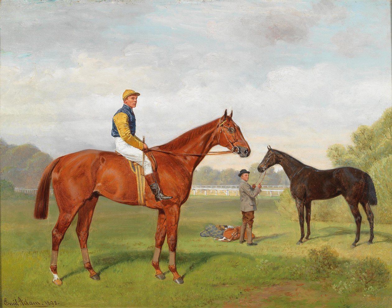  Arulo und Komamasszony, zwei siegreiche Rennpferde des Freiherrn Hermann von Konigswarter mit dem Jockey Robert AdamsnEnglish: Arulo and Komamasszony, two victorious race horses from the estate of Baron Hermann von Konigswarter with jockey Robert Adamsn av Emil Adam