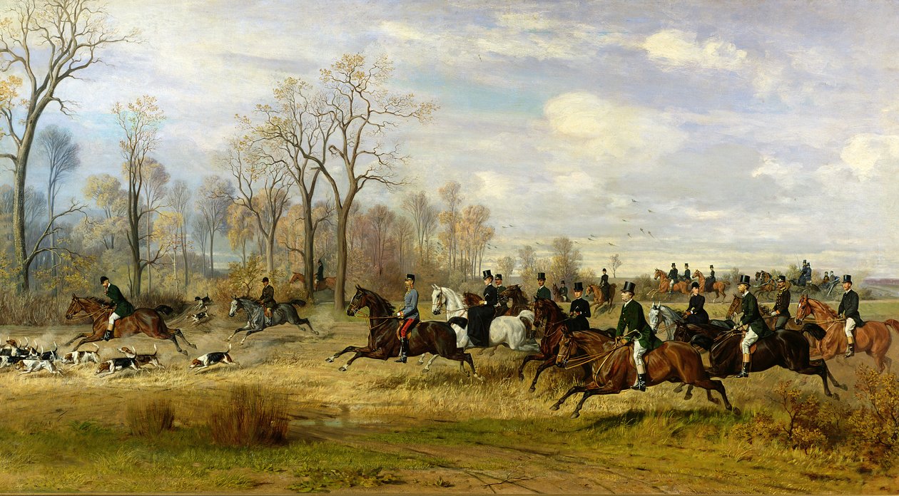 Kejsar Franz Joseph I av Österrike på jakt efter hundar med grevinnan Larisch i Schlesien, 1882 av Emil Adam