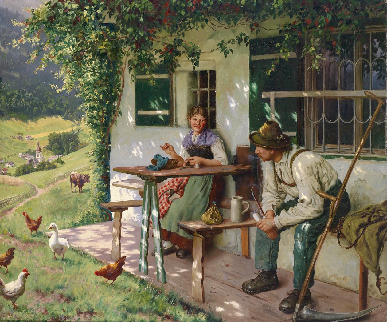 Junges Paar vor einem Bauernhaus in Oberbayern, signiert E. Rau, München, Öl auf Leinwand, 110 x 132,5 cm av Emil Rau