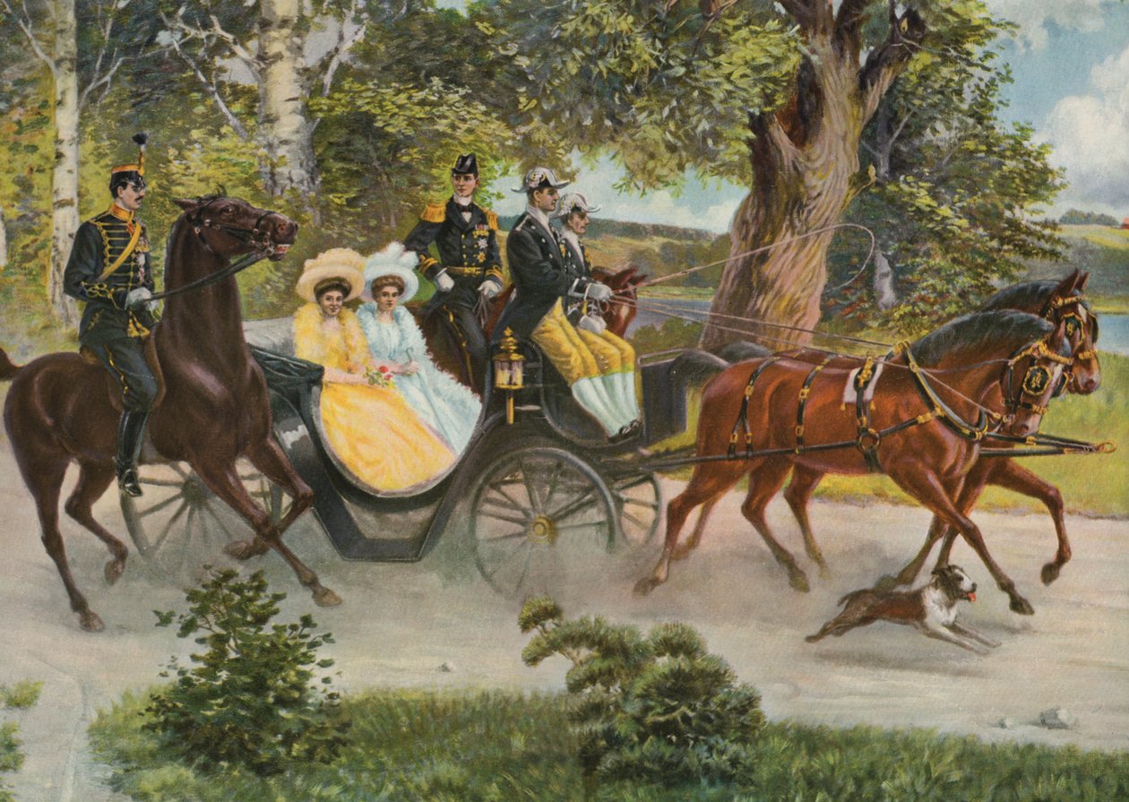 Margareta av Connaught med Gustaf VI Adolf och prins Wilhelm av Sverige med hans hustru storhertiginnan Maria Pavlovna av Ryssland, ca 1914 av Emil (after) Aberg