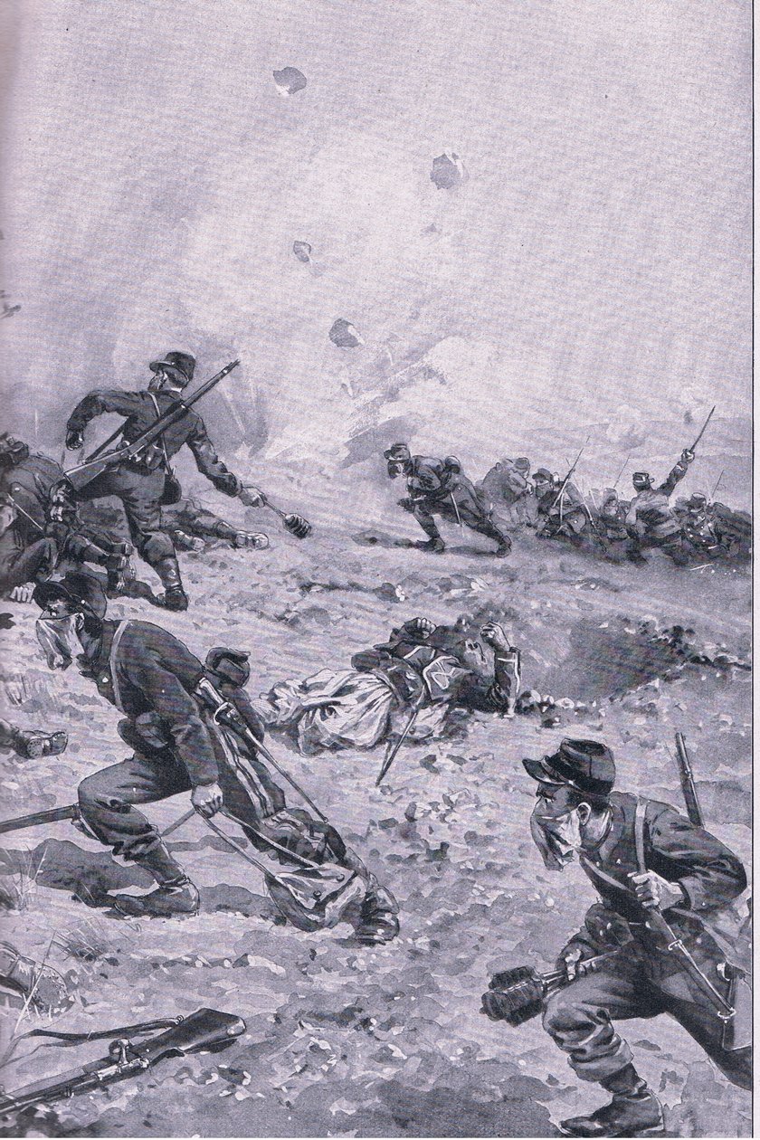 En fransk handgranatattack vid Les Spanges, från puben The Illustrated History of the World War 1914-1915. av Union Berlagsefellfchaft av Emil (after) Limmer