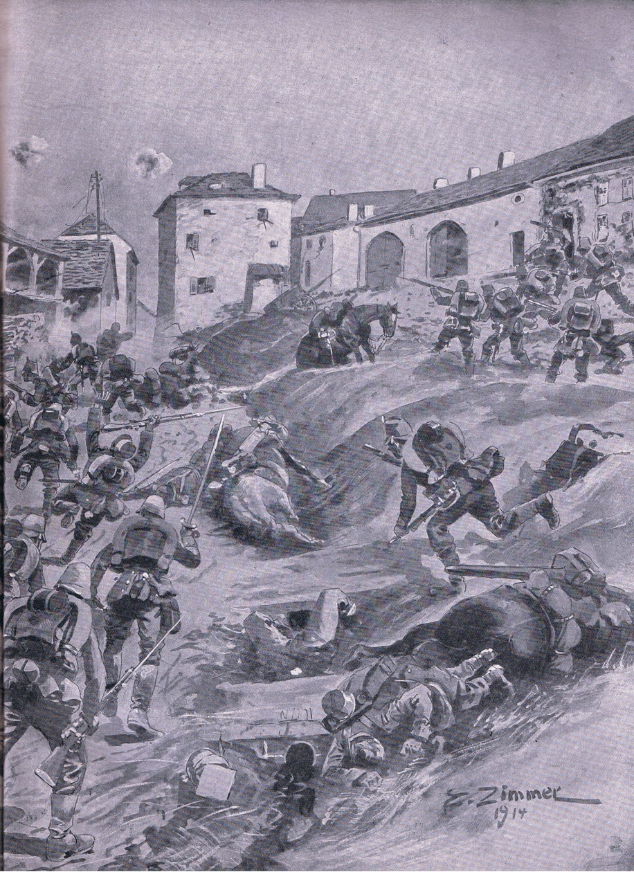 Aschaffenberg 2:a bayerska jägarebataljonen i Lagarde augusti 1914, från puben The Illustrated History of the World War 1914-1915 pub. av Union Berlagsefellfchaft av Emil (after) Limmer