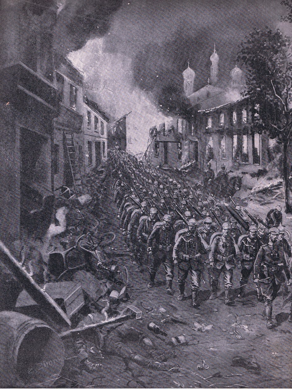 Tyska truppers invasion av Brest-Litowski, från puben The Illustrated History of the World War 1914-1915 pub. av Union Berlagsefellfchaft av Emil (after) Limmer