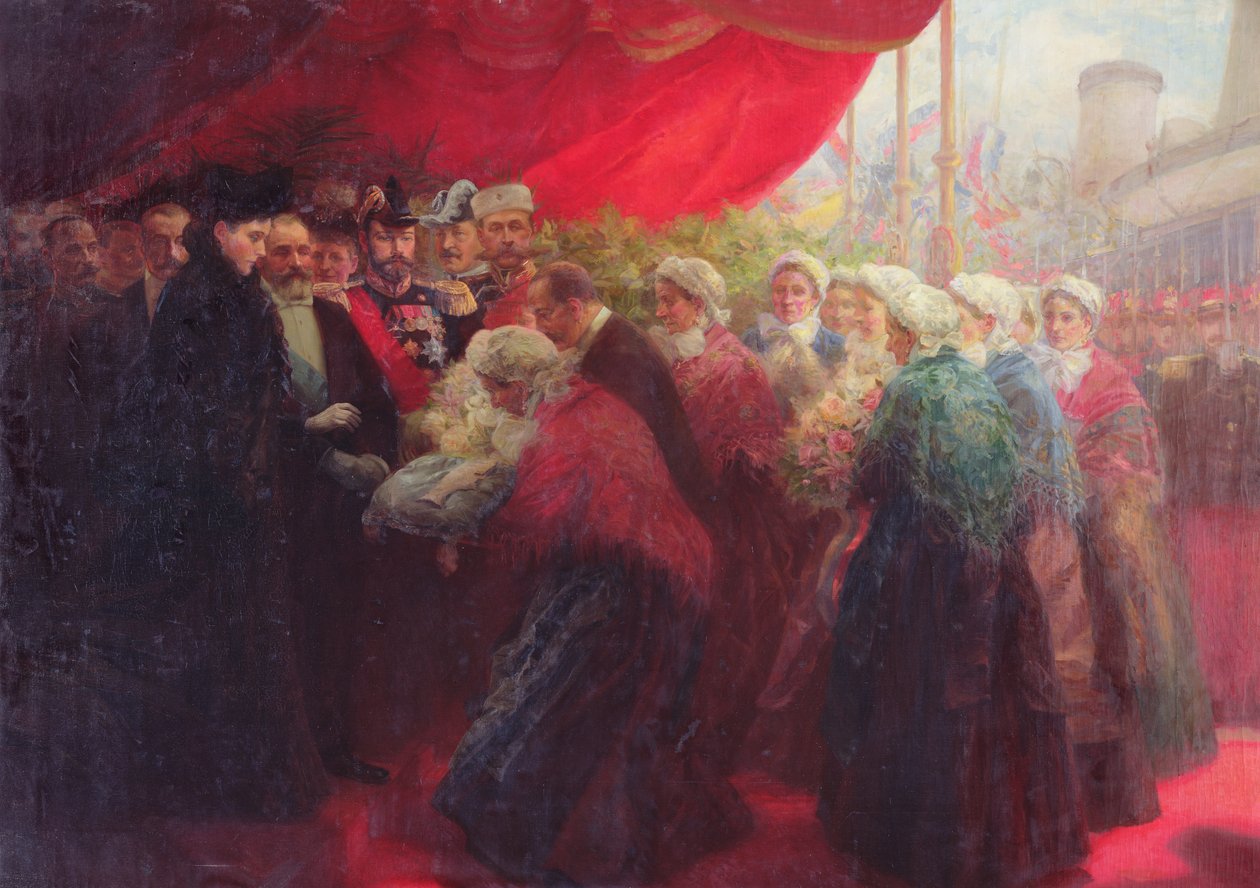 Bazennes erbjuder en silverfisk till Alix av Hesse-Darmstadt, Rysslands kejsarinna, i Dunkerque 1901 av Emil Benediktoff Hirschfeld