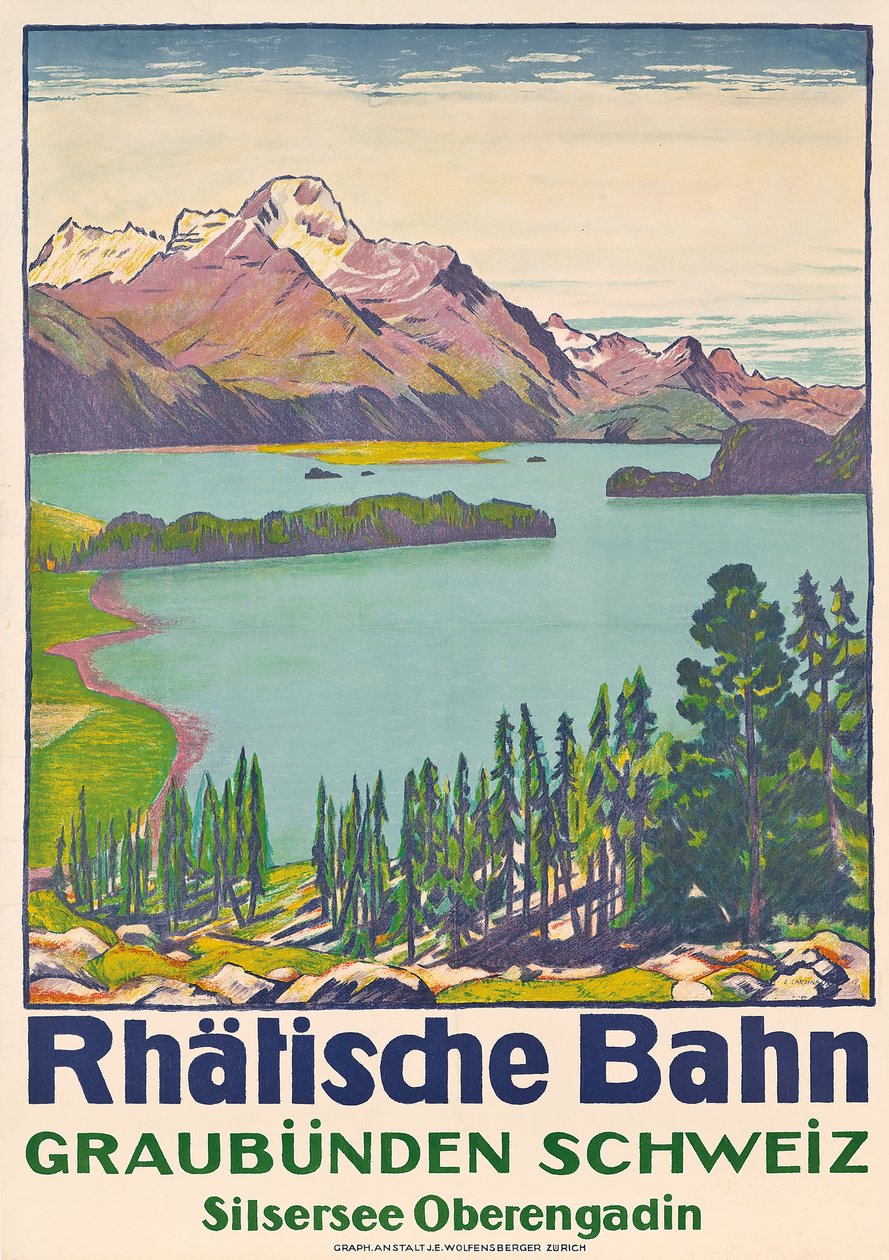 Affischreklam för resa till Graubunden av det schweiziska företaget "Rhaetian Railway" av Emil Cardinaux