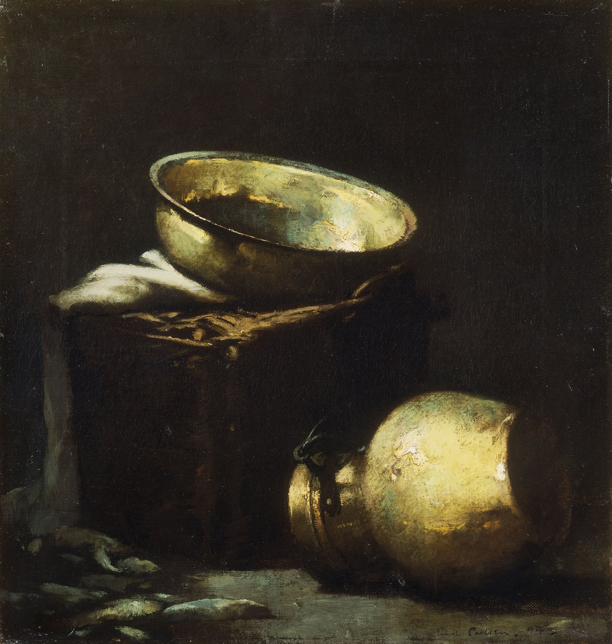 Stilleben med kopparkrukor och svart fisk av Emil Carlsen