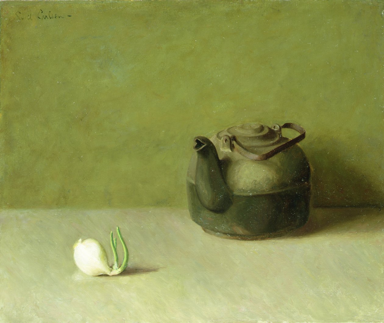 Stilleben med tekanna och lök (olja på duk) av Emil Carlsen