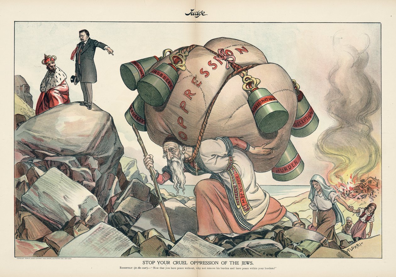 Stoppa ditt grymma förtryck av judarna, Judge magazine från september 1905 (kromolitografi) av Emil Flohri