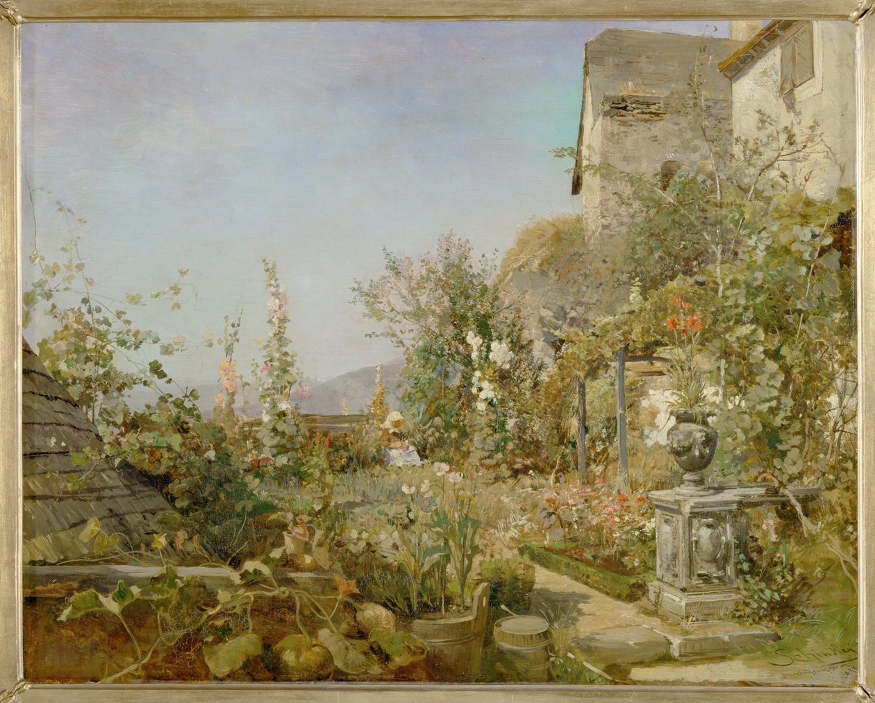Blumengarten i Weissenkirchen - Trädgård med blommor i Weissenkirchen ... (olja på trä) av Emil Jakob Schindler