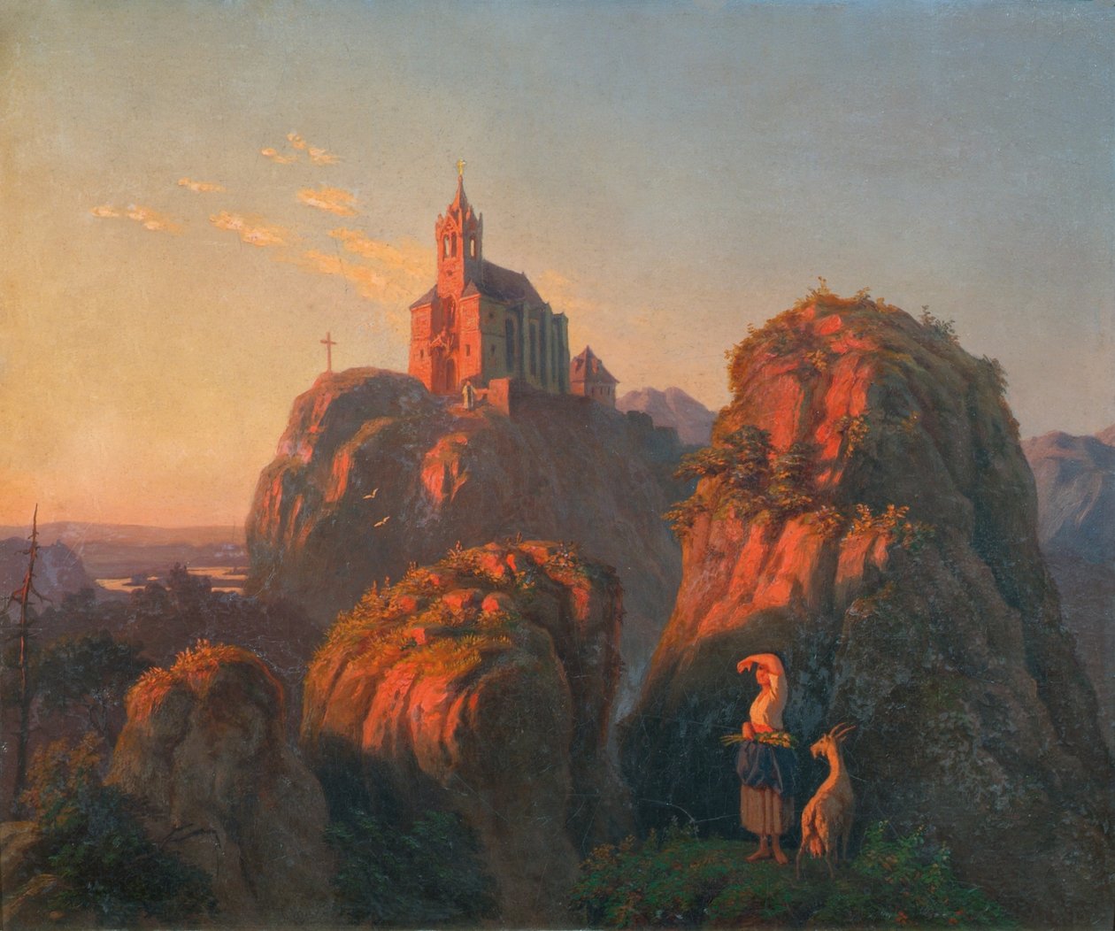 Landskap med en kyrka på kvällen av Emil Ludwig Löhr