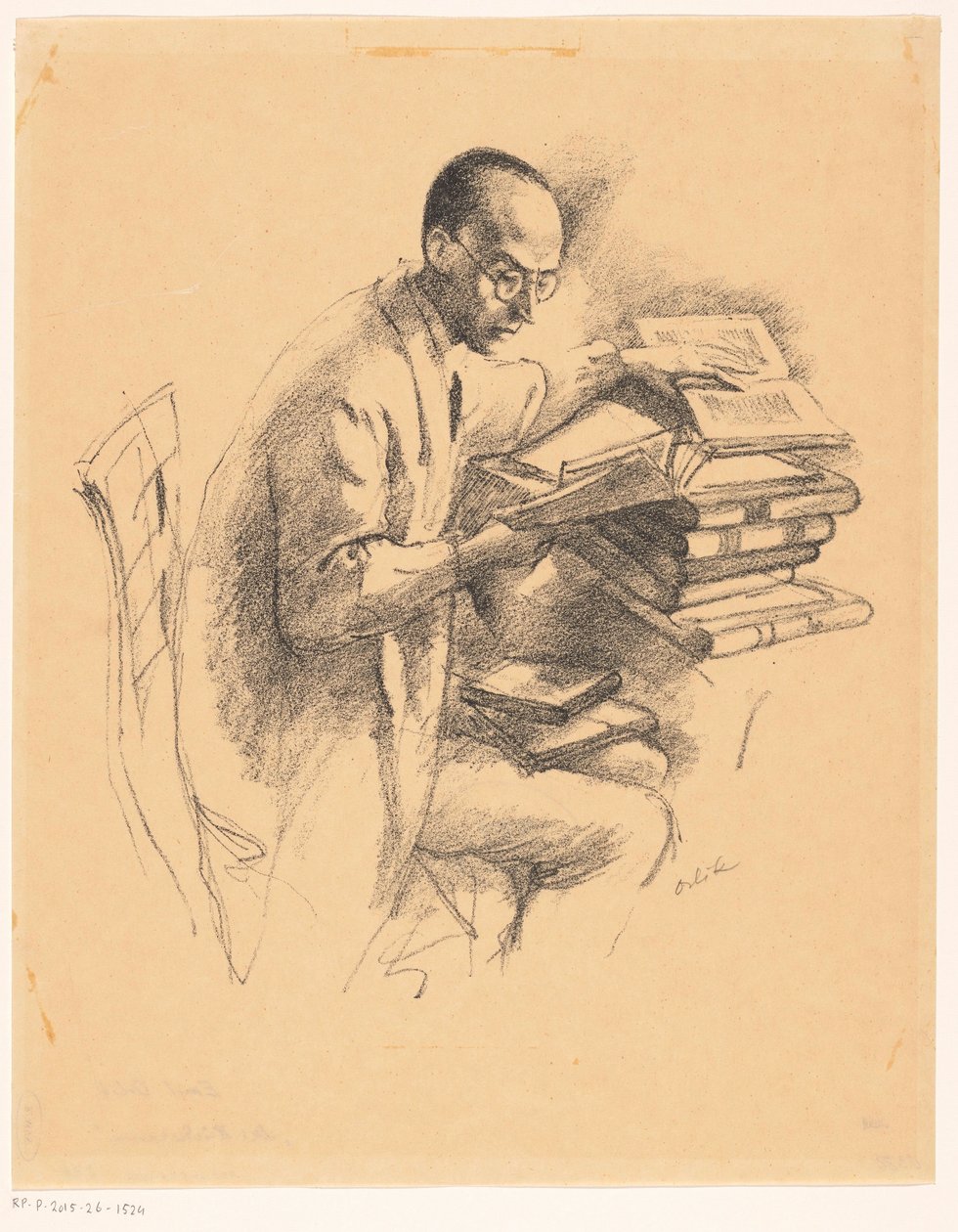 Mannen bakom ett skrivbord fullt av böcker av Emil Orlik (signed by artist)