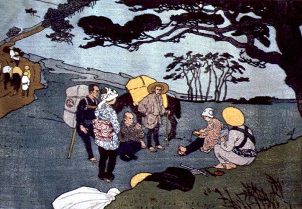 Resenärer bryter på en bergsväg i Japan av Emil Orlik