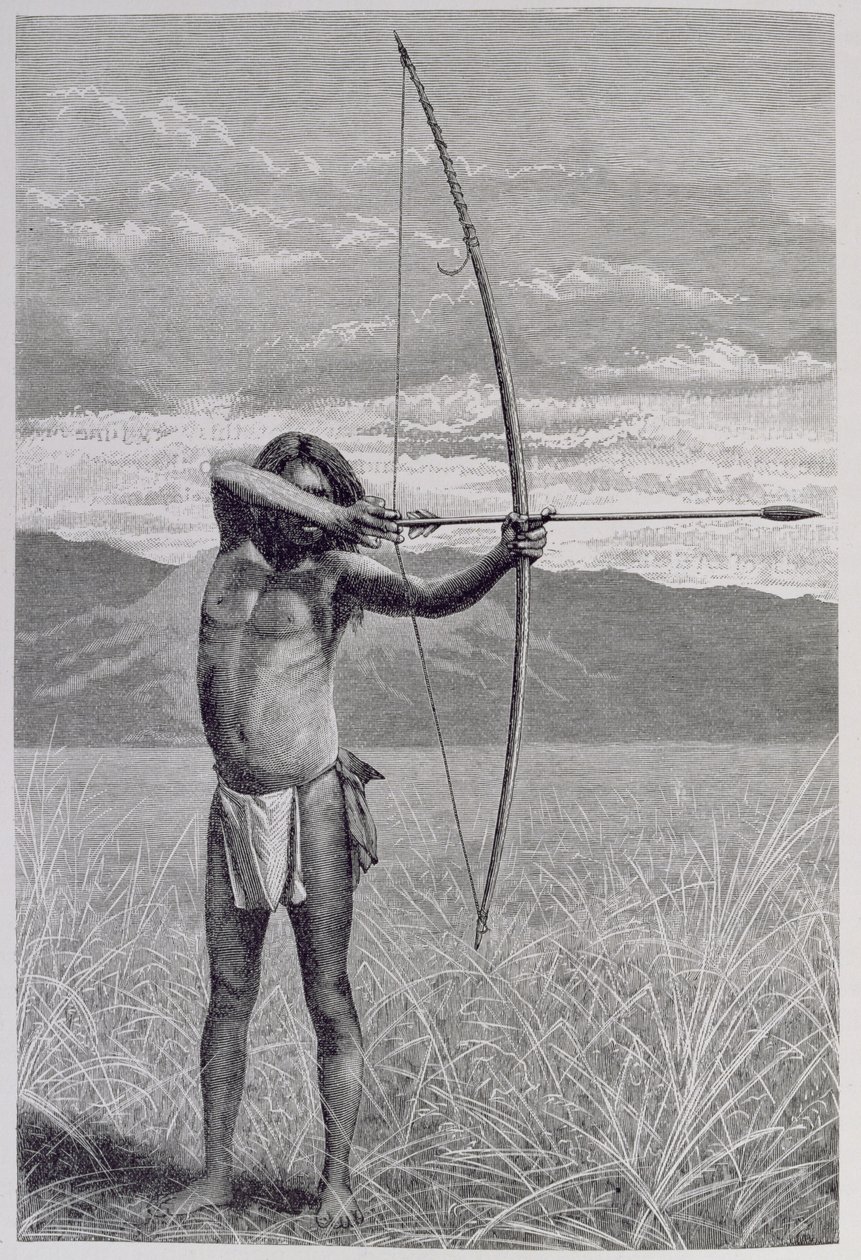 En Veddah från Ceylon som skjuter med båge, från "The History of Mankind", Vol.III, av Prof. Friedrich Ratzel, 1898. av Emil Schmidt