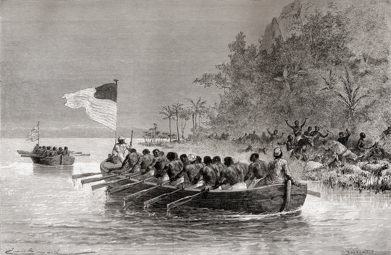 Dr David Livingstone i den första båten med den engelska flaggan och Henry Morton Stanley i den andra båten med den amerikanska flaggan under deras expedition till Afrika 1872, illustration från "T av Emile Antoine Bayard