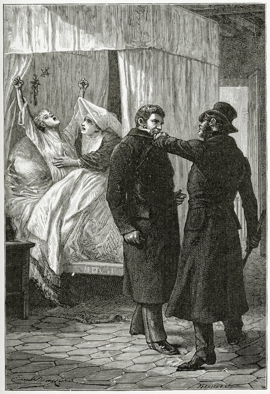 La mort de Fantine - Illustration från Les Misérables, 1800-talet (bw gravyr) av Emile Antoine Bayard