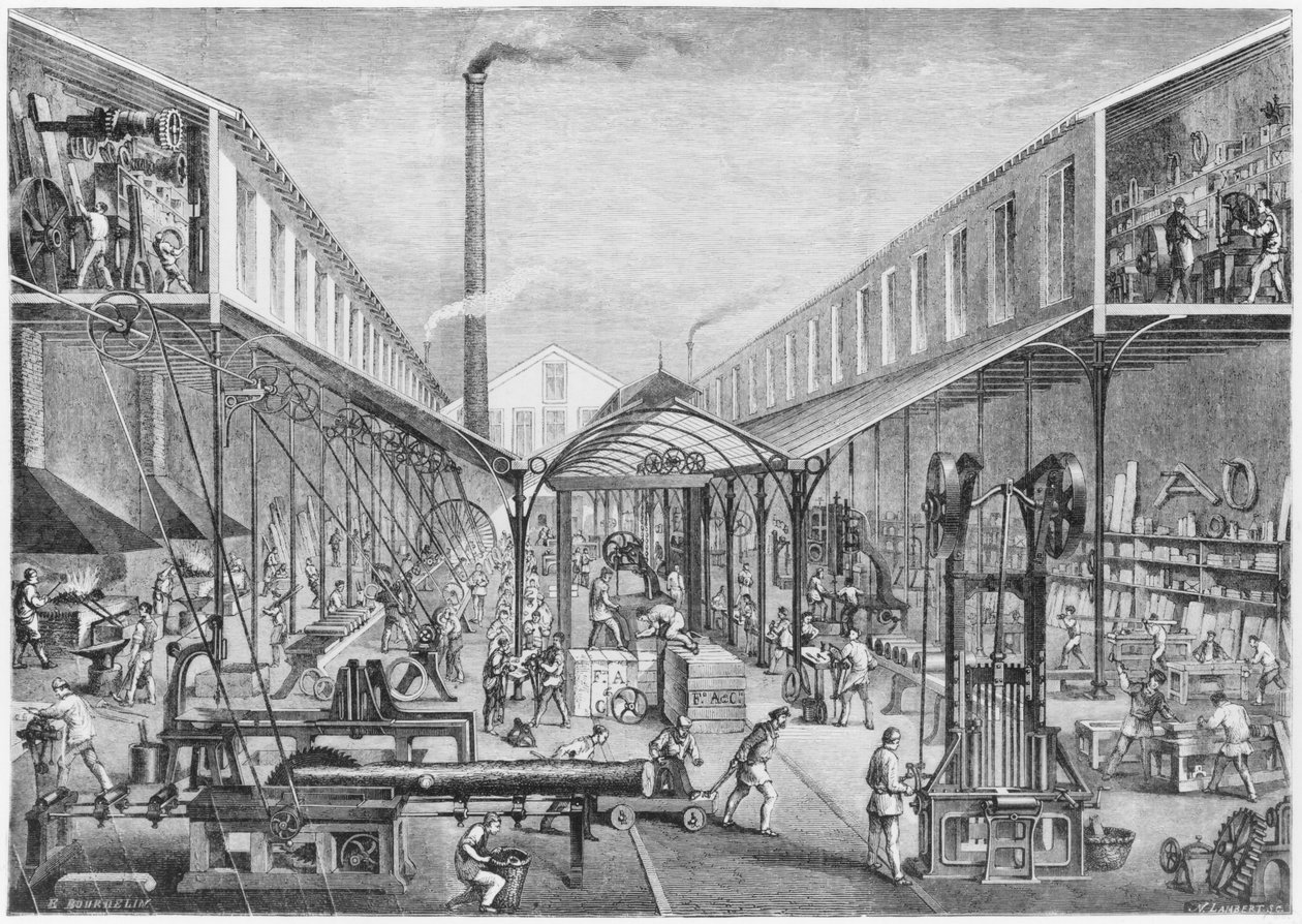 Stora industrier, byggverkstäder, sågverk och verktygsmaskiner på Arbey Company av Emile Bourdelin