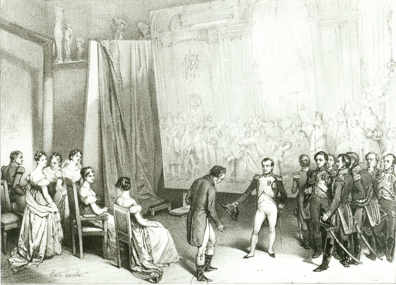 Napoleon I (1769-1821) på besök i Davids studio (1748-1825), 4 januari 1808, ca 1838 av Emile Lassalle