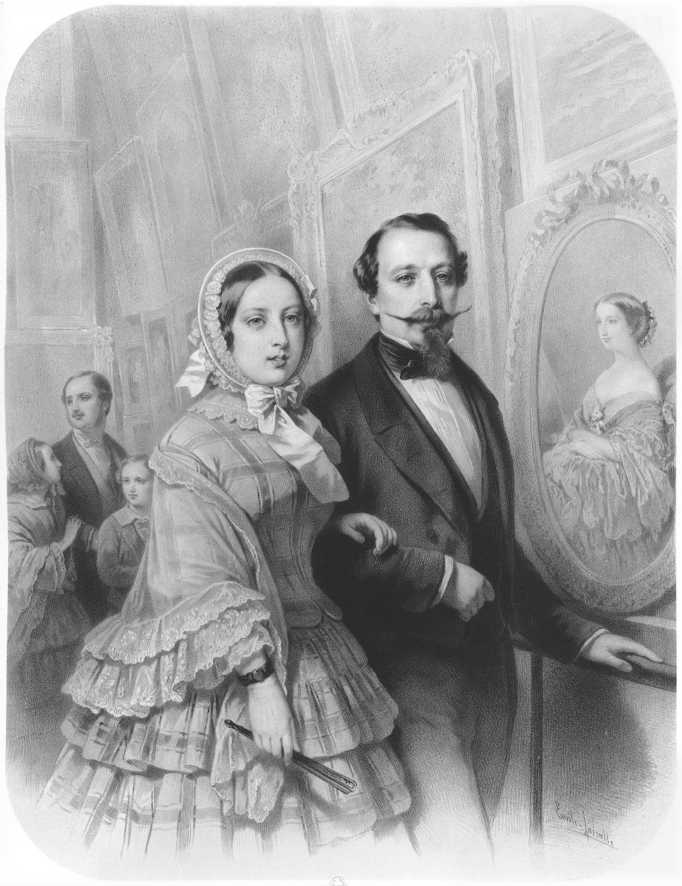 Drottning Victoria och Napoleon III, kejsare av Frankrike, besöker konstgalleriet på världsutställningen i Paris den 20 augusti 1855 (efter H.Holfeld 1804-1872) av Emile Lassalle
