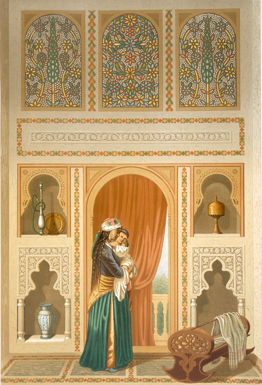 Kairo: Interiör av Sidi Youssef Adamis hus: en kvinna som står i ett rum med rik mosaik- och marmordekoration, 1800-talet av Emile Prisse d