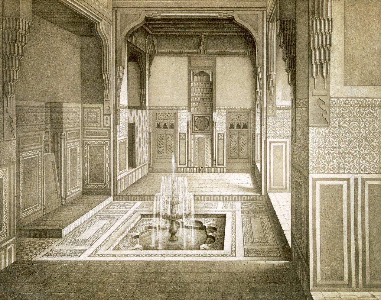 Kairo: Mandarah: Receptionsrum, bottenvåningen, med pool och fontän, 1800-tal av Emile Prisse d