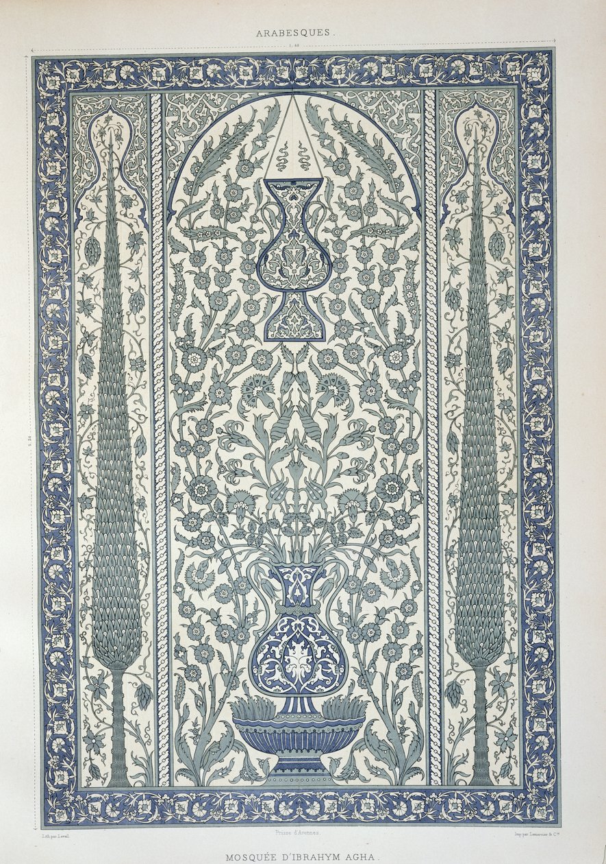 Design från moskén av Ibrahym Agha, från "arabisk konst sedd genom monumenten i Kairo från 700-talet till slutet av 1700-talet", graverad av Marchand, publicerad 1877 av Emile Prisse d