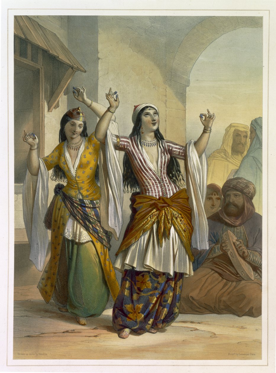 Egyptiska dansflickor som utför Ghawazi på Rosetta, illustration från "Nildalen", graverad av Achille Deveria (1800-57) pub. av Lemercier, 1848 av Emile Prisse d