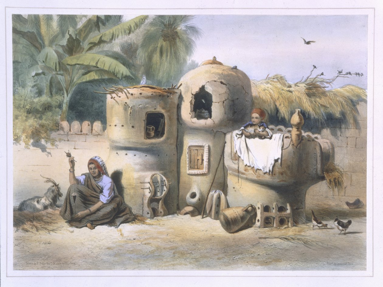 Bondebostäder i övre Egypten, illustration från "Nildalen", graverad av puben Eugene Le Roux (1807-63). av Lemercier, 1848 av Emile Prisse d