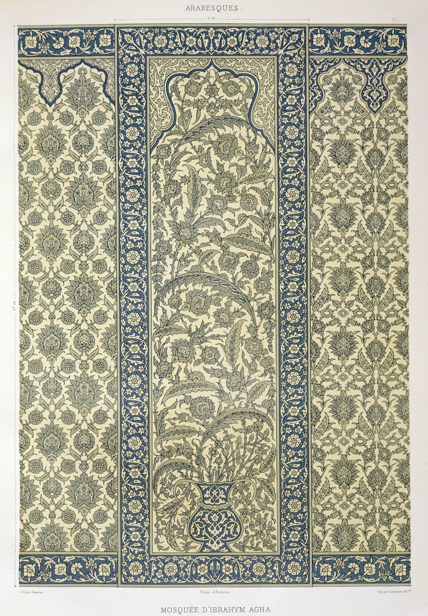 Kakelpanel från Ibrahym Aghas moské, från "Arabisk konst sett genom monumenten i Kairo från 700-talet till slutet av 1700-talet", graverad av Lemoine, publicerad 1877 av Emile Prisse d