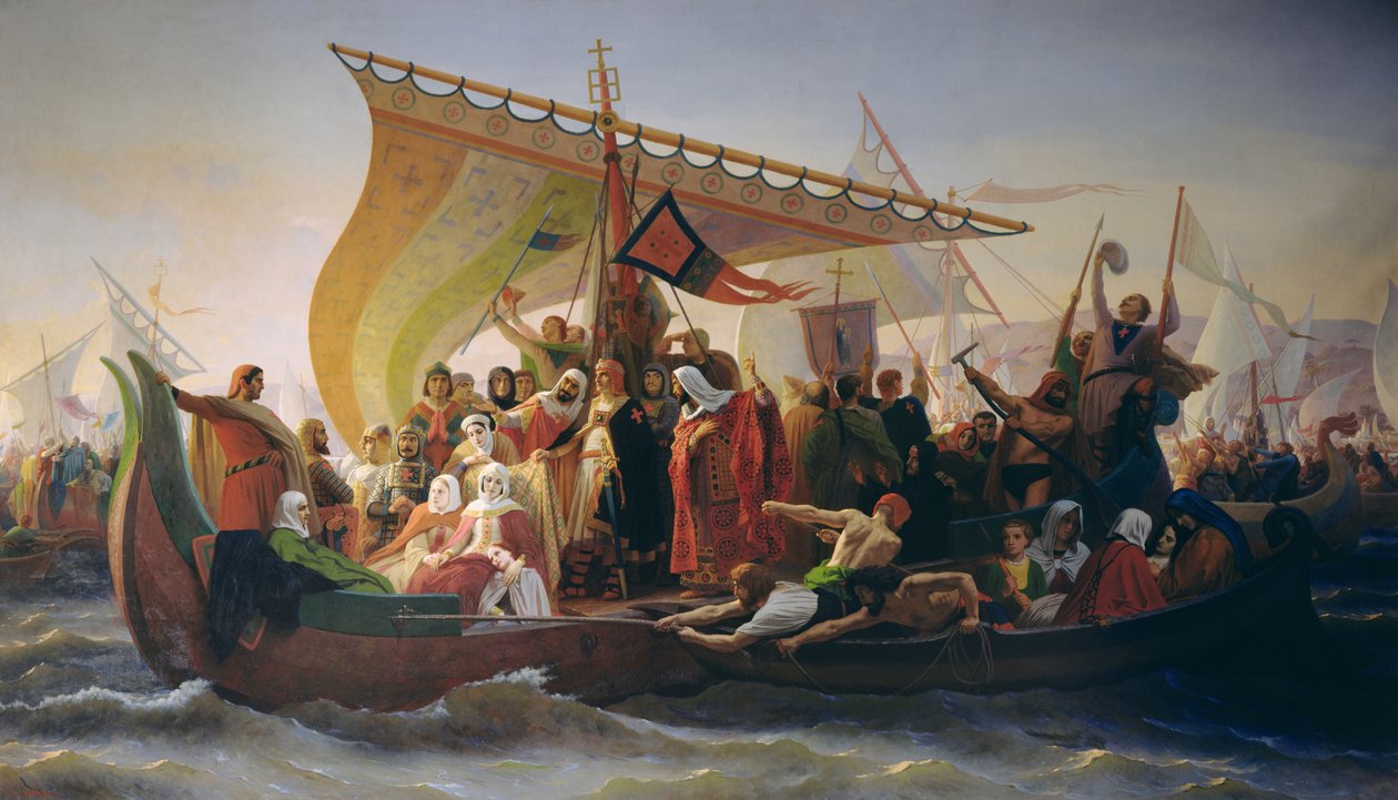 O le Kolosi o le Bosphorus e Godfrey o Bouillon (c.1060-1100) ma lona Uso o Baldwin, i le 1097, 1854 swed av Emile Signol
