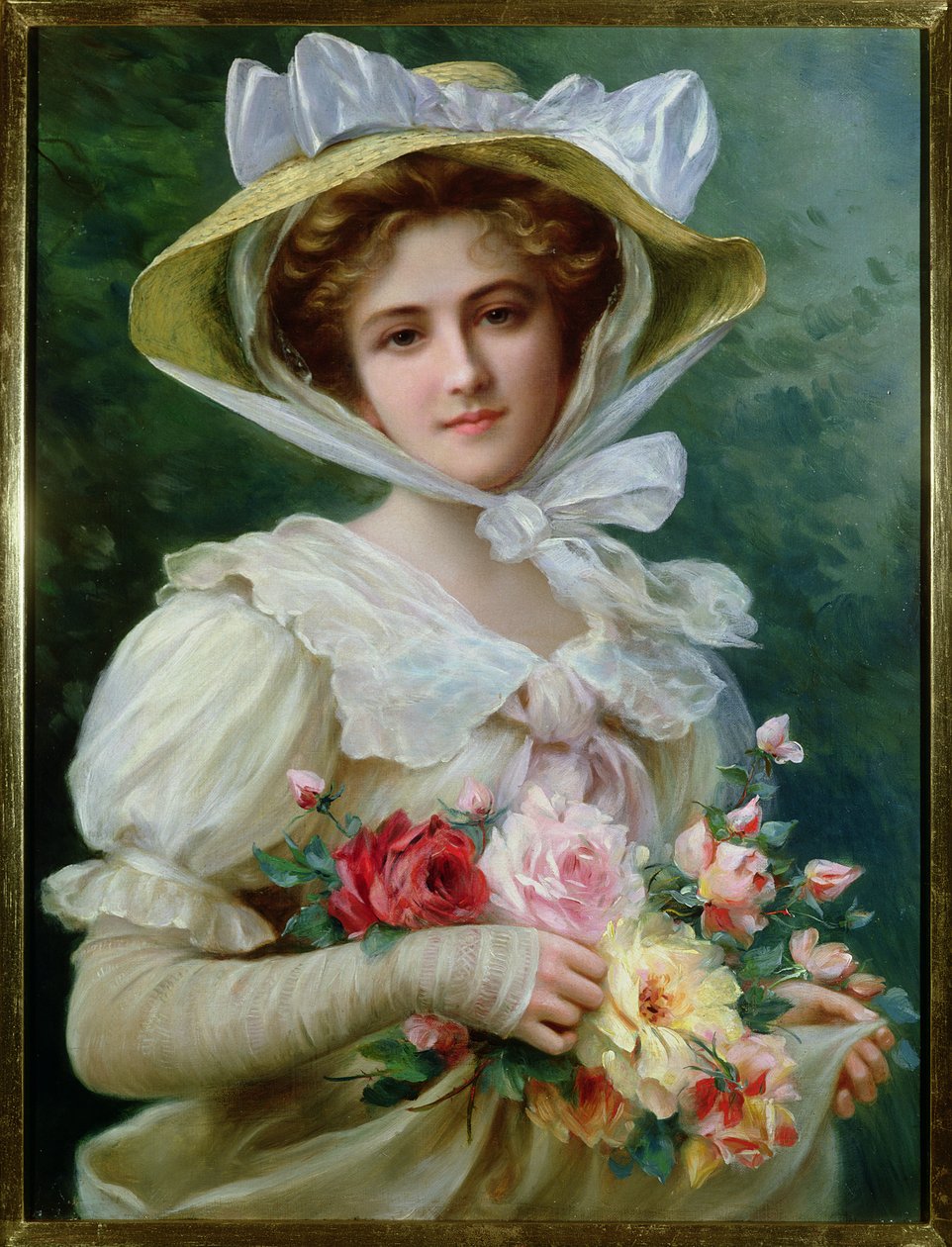 Elegant dam med en bukett rosor av Emile Vernon